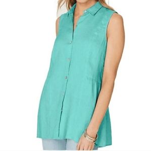 J Jill Love Linen Long Tank Aqua Blue Turquoise Button-Down Size L